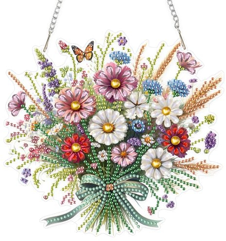EOBROMD Blumenstrauß Diamond Painting Fensterbilder, 5D Blumen Diamond Painting Anhänger Deko mit Kette, Diamant Malerei für Wand Und Eingang Dekoration