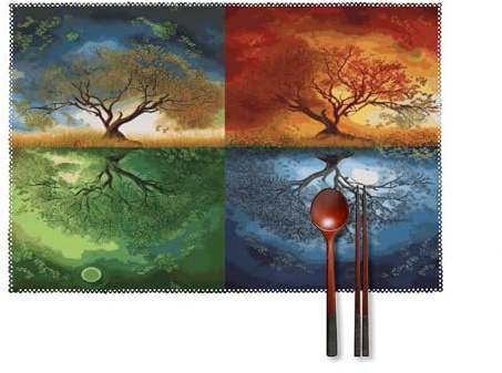 Four Season Tree of Life Placemats Set of 6 Heat Resistant Woven Placemat Washable Table Mats Non-Slip Place Mats Farmhouse Cloth Placemat for Party Kitchen Dining Decoration Easy to Clean 12x18 Inch