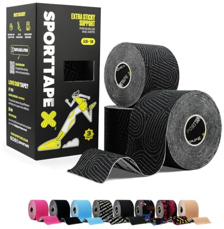 SPORTTAPE 3 Rollen Kinesiologie Tape - 5 cm x 5 m - Platin Rollen | Elastisch & Wasserfest Kinesiotapes, Tape Sport, Hautfreundlich Baumwolle, starke Haftung, latexfrei für Muskel- & Gelenk