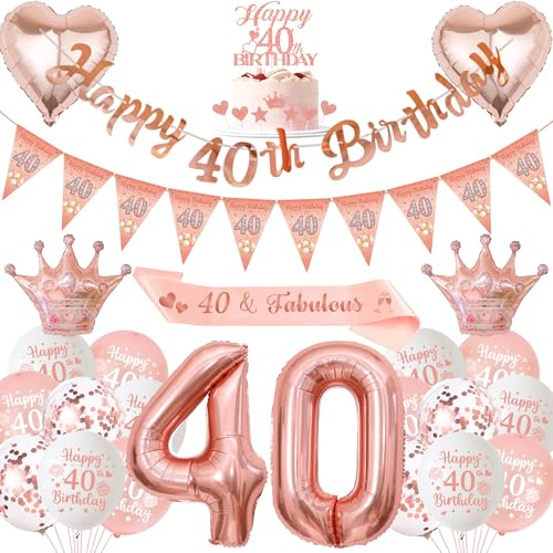 Xietaea Deko 40. Geburtstag Frau Rosegold - 40. Geburtstagsdeko Luftballons Happy Birthday Girlande Tortendeko, XXL Zahlenballon und Schärpe für 40 Jahre Geburtstagsparty