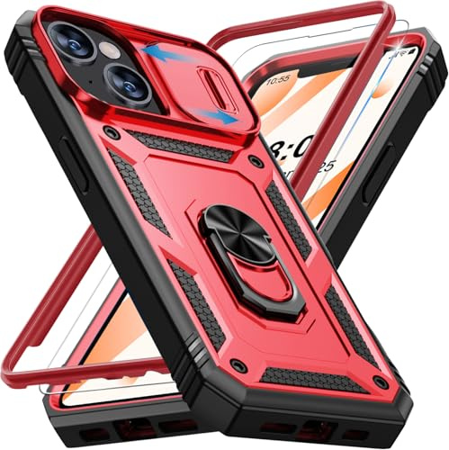 Giyer Handyhülle für iPhone 13 Hülle mit Schutzfolie, Panzerhülle Case mit Kameraschutz 360° Metall Ring Ständer Stoßfest Bumper Schutzhülle für iPhone 13 Cover Tache (Rot)
