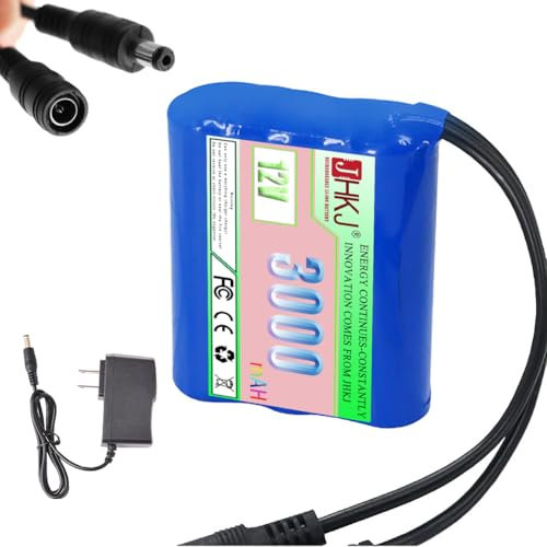 JHKJ Rechargeable Lithium Ion Battery 12V 1800mAh 2000mAh High Capacity Li-ion Battery Pack with DC Port 12V 2500mAh 3000mAh for LED Light Strip/Speaker,12V3000mAh