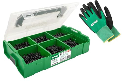 SPAX L-BOXX Mini BLAX - 800 St. Schwarze Universalschrauben & T20-Bits | Schwarze Senkkopfschrauben fuer Moebelbau und DIY - 6 Abmessungen inklusive T-STAR plus Bits und Arbeitshandschuhe