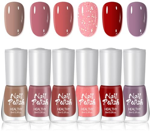 Nail Polish Set, 6 Colours Nude Pink Red Nail Varnish Sets - Quick Dry & Long Lasting Nail Polish for Women - Water Based Shimmer Purple Nail Varnish Kit - Non-Toxic Chip Resistant for DIY Manicure