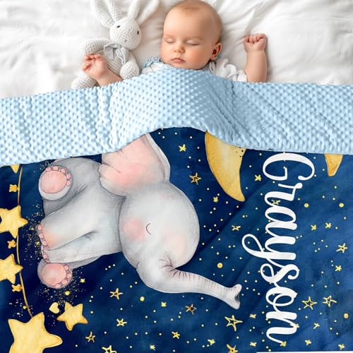 MJARTORIA Personalisierte Babydecke mit Name Baby Decke Neugeborenen Mädchen Junge Individuelle doppelseitig Kuscheldecke Kinderdecke Geschenk 100/150/200cm (Tiefblau Elefant)