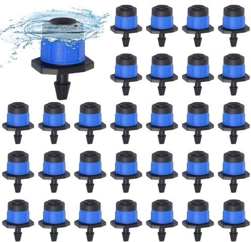 200 Goteros para riego Regulables de 1/4 Pulgada, TOROKOM Aspersor de Flujo de Agua en Vórtice 360° Ajustable, Piezas para Sistema de Micro Riego para Césped, Jardín y Macetas (Azul)