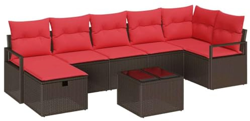 vidaXL Sofa Set mit Kissen mit Speicher Braun und Rot Poly-Rattan, Garten- und Terrassenmöbel, modulare Outdoor-Sofaset, wetterfest, leicht und mit Stauraum für einfaches Umstellen
