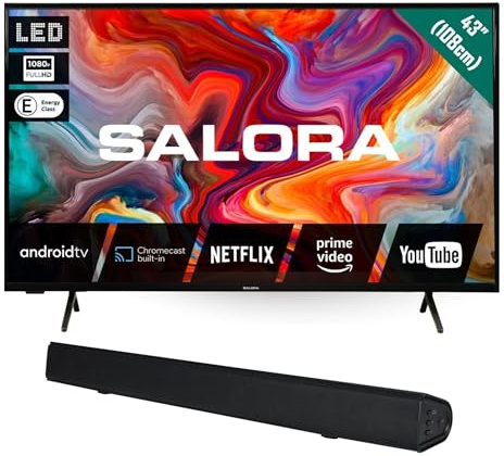 SALORA 43 Pollici TV LED Smart TV HD Ready con Android, WiFi e Chromecast + Soundbar SBO680 2.1 80W con Subwoofer, Bluetooth, HDMI ARC – Set Home Cinema