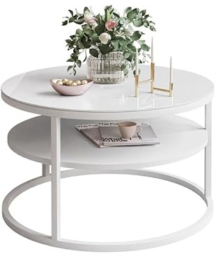 Lookway Couchtisch CIRI Slim – Minimalistischer Runder Glas-Tisch mit Ablage, Ø60 cm (Weißes Glass/Weiß)