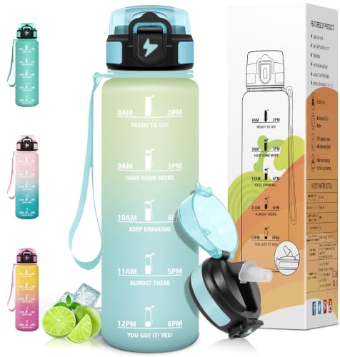 Motswedi Gourde Sport 1l, avec Paille, Bouteille d'eau, Anti-Fuite, Bouteille Plastique, Marqueur de Temps de Motivation, Gourde 1 litre pour Sport, Vélo, Randonnée, Crème & bleu clair