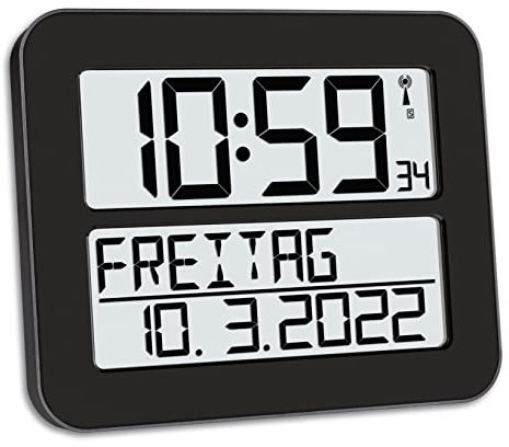TFA Dostmann Digitale Funk-Wanduhr Timeline Max, 60.4512.01, übersichtliche Funkuhr, Demenzuhr, Küchenuhr, mit ausgeschriebenem Wochentag & Datum, mit Weckfunktion, 25,8 x 3 x 21,2 cm, schwarz