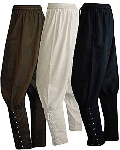 WISHU Men's Ankle Banded Pants Medieval Viking Navigator Pirate Costume Trousers Renaissance Gothic Pants, White, M