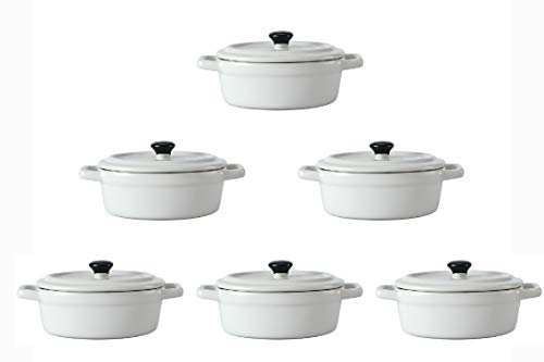Lot de 3 Mini Cocottes Ovales Blanches Céramique Double Poignées Avec Couvercle 14cm x 6,3cm Contenance Moule 150ml Ramequin Résistant Haute Température Four Pour Petits Plats (Blanches, Lot de 6)