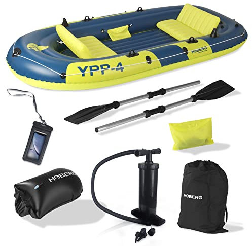Hoberg Schlauchboot 4-Sitzer YPP-4 | Für 4 Personen | Maße 322 x 165 cm & bis 360 kg belastbar | Mit 2 Sitzbänken, 2 Paddeln, Pumpe, Reparatur-Kit, 2 Angelhalterungen & weiterem Zubehör [Blau/Gelb]