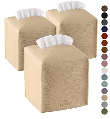 Jeethemy Taschentuchbox, quadratisch, PU-Leder, modernes Taschentuch-Etui, 12,7 x 12,7 cm, 3 Beige