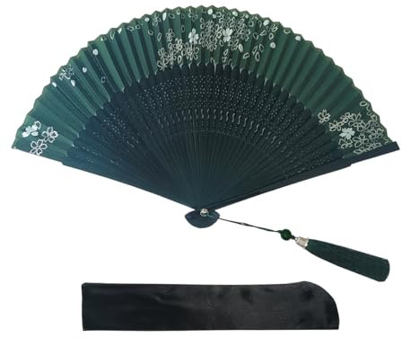 Mini Charming Elegant Modern Woman Handmade Bamboo Silk 8.2 in (21cm) Folding Pocket Hand Fan Chinese Japanese Vintage Retro Style Fan with Silk Pouches, Ladys Girls Gifts (Green)