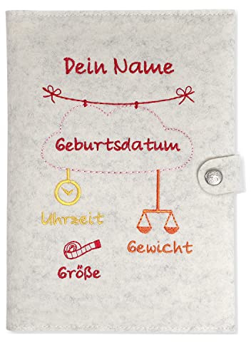 u heft hülle und impfpass Wolke personalisiert mit Namen und Geburtsdatum des Kindes weiß meliert mit extra Fächer und Lasche mit Druckknopf (rosa)