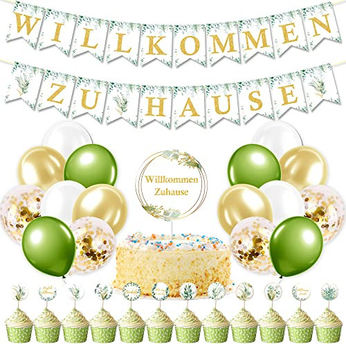 AFYHH Willkommen Zuhause Baby Deko Girlande Banner Luftballons Tortendeko Cake Topper Eukalyptus Grün Zuhause Party Dekoration Willkommen Zurück Baby Deko Weclome Home Deko