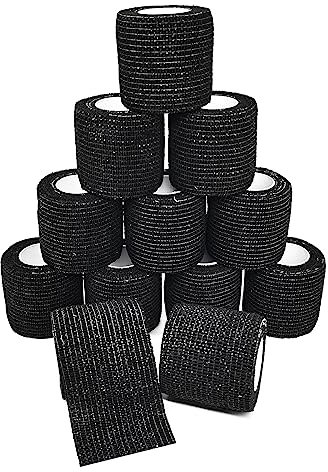 12 Rollen Selbsthaftende Bandage Haftbandage Elastische Binde Wundverband Fixierbinde Pflasterverband Selbstklebender Verband für Knie Handgelenk und Sprunggelenk Schwarz 5cm
