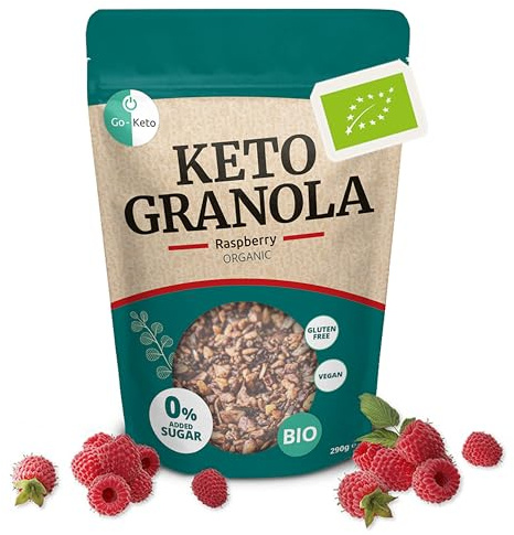 Go-Keto BIO Keto Granola Raspberry 290g - Low Carb Keto Muesli para un delicioso desayuno keto, con chips de coco, nueces, frutas, semillas de girasol y de calabaza, vegan, sin gluten, sin lactosa