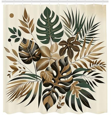 ABAKUHAUS Braun Duschvorhang, Exotisch Retro inspirierte Monstera Palm Dschungelblätter Vintage Botanik, Stoffliches Gewebe Badezimmerdekorationsset mit Haken, 175 x 200 cm, Elfenbein Waldgrün Kakao