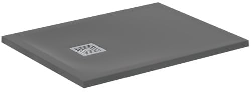 Ideal Standard - Ultra Flat S+, Plato de ducha rectangular ultrafino de resina efecto piedra, 90 x 70 cm, Ideal Solid, desagüe lado corto, gris cemento