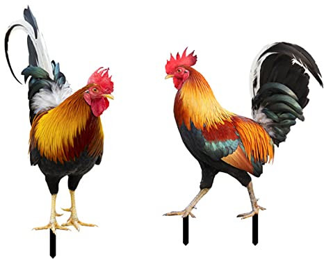 Peosaard Metal Chicken Garden Decor, 2Pcs Decorative Rooster Yard Art, Lifelike Rooster Figurine Garden Decoration, Animal Ornament for Home Lawn