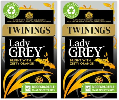 Twinings Lady Grey Tea Bright & Refreshing Black Tea with Zesty Orange, 40 Biodegradable Tea Bags (Pack of 2)