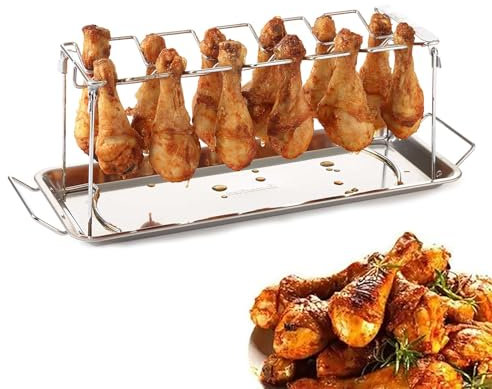 Soporte para Muslos de Pollo Incluye Bandeja,Soporte de Acero Inoxidable para Piezas de Pollo, Accesorio de Parrilla Barbacoa y Horno con Bandeja de Goteo,con Bandeja 12 Ranuras de Pollo Accesorio