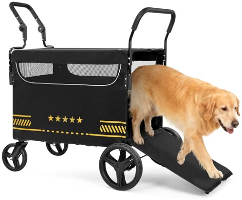 FASNATI XXL Hundewagen mit klappbarer Rampe für große Hunde bis 80 kg | Doppelgriff vorne & hinten, Doppelbremse hinten, All-Terrain-Räder, 25 cm Bodenfreiheit, 3 Öffnungen, 2 Sicherheitsleinen