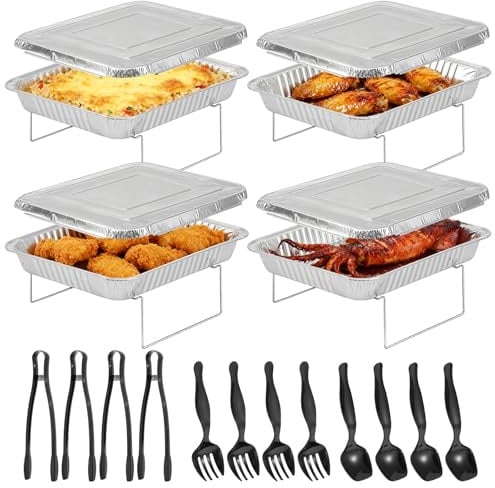 AIHSUMC Einweg-Chafing Dish Buffet-Set, 4 Stück, Speisenwärmer für Partys, Chafing Server mit Abdeckungen, Utensilien, Drahtgestell, Catering-Zubehör mit halben Pfannen, Warmhalte-Tabletts für
