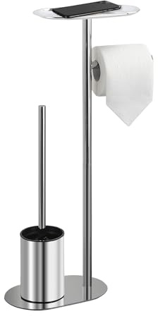 BGL Freistehendes Toilettenbürsten-Set aus Edelstahl Chrom – WC Bürste & Klobürste mit Toilettenpapierhalter, 3-in-1 Set mit Ablage, Modernes Design