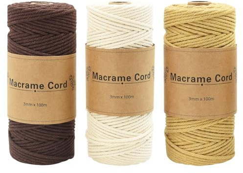 Hyacinthy Makramee Garn 3mm -3mm x 100M 3 Stück Makramee Garn Set, Makrame Baumwollgarn für Anfänger, Weihnachten Basteln Stricken Boho Deko DIY Hängepflanze Pflanze Aufhänger (5.Beige+Braun+Khaki)