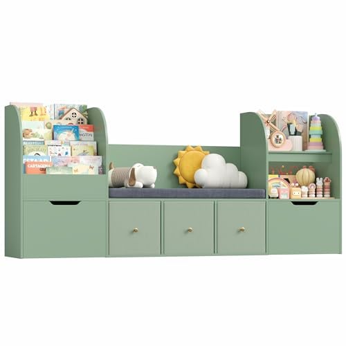 FOREHILL 180cm Kinderregal mit Sitzbank, Kinderzimmer Möbel mit Bücherregal | Sitzbank für Kinder, Kinderregal für Spielzeug Aufbewahrung, Bücherregal Kinder für Kinderzimmer, Leseecke 180,5x35x80cm