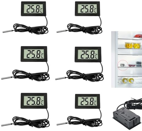 Lot de 6 Thermomètre Numérique LCD avec Sonde Externe, Mini Thermomètre pour Réfrigérateur Congélateur, Aquarium, Reptile, Vitrine Réfrigérée, Moniteurs Température, Affichage Rapide Haute Précision