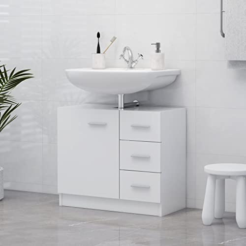 Ordellia Armoire d'évier Blanche en Bois d'ingénierie 63x30x54 cm, Meuble Salle de Bain avec 3 tiroirs, Rangement sous lavabo, Design Moderne, pour Vasque, WC et buanderie