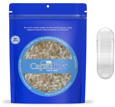 Capsuline Size 000 Empty Gelatin Capsules, Clear - 1000 Count | Gluten Free, Kosher, Non-GMO Certified | Pure Bovine Pill Caps for DIY Supplement Filling