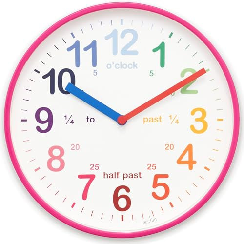 Acctim Wickford 22520 Kids Reloj de Pared para niños, para enseñar la Hora, con Esfera de Cuarzo y los Colores del arcoíris, Rosa Fucsia, 20 cm