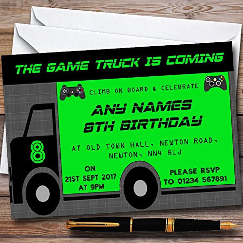 Childrens's Kids Party Invites Games Truck Gaming Personalised Childrens's Kids Birthday Party Invitations with Envelopes - Any Custom Text for Any Occasion