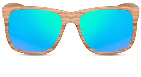 Cheapass Sonnenbrille Holz-Optik Hell-Braun Grün-Blau Verspiegelt UV-400 Recht-Eckig Plastik Damen Herren