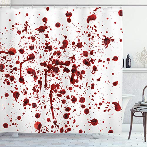 ABAKUHAUS Horreur Rideau de Douche, Éclaboussures de Sang Effrayant, Tissu Ensemble de Décor de Salle de Bain avec Crochets, 175 cm x 180 cm, Rouge Blanc