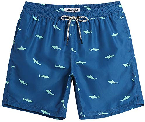 MaaMgic Badehose Herren Schnelltrocknende Badeshorts Jungen Strand Strandurlaub Surf Freizeit Laufen Sport mit Netzfutter Taschen einstellbare Kordelzug MEHRWEG-L-Hai Blau