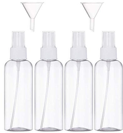 JamHooDirect 4Pcs, 100ml Spray Bottle Empty Plastic Fine Mist Travel Atomiser Set with 2 Funnels & 12 Labels - Clear Refillable & Reusable Bottle Toiletries Liquid Containers for Cosmetic Make-up
