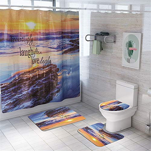 4 Pieces Anti Slip Bathroom Rugs Set Pedestal Rug + Lid Toilet Cover + Bath Mat + Waterproof Shower Curtain, Morbuy Home Decor - Marine Animal (Sunset)