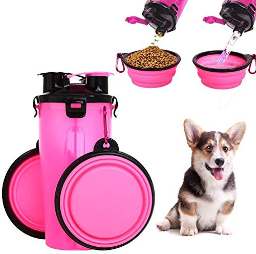 Voarge Gourde pour chien et nourriture avec 2 bol, récipient 2 en 1 double chambre pour marche, voyage portable pour animaux (rose)
