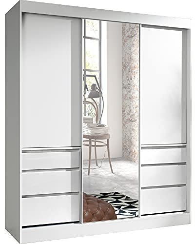Furniture24 Schwebetürenschrank Haiti 180 Kleiderschrank Schiebtür 3 Türen 6 Schubkästen 2 Kleiderstange Schrank Weiß matt mit Spiegel