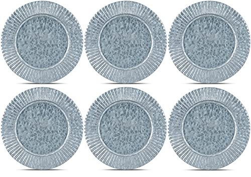 KOXIN-KARLU 6-piece Ruffled Galvanized Charger Plates, 13-inch Steel Charger Plates Silver Dinner Plate Chargers Round Server Ware