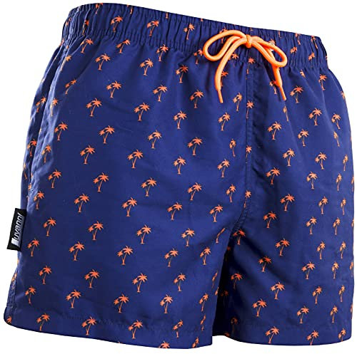 Luvanni Badehose für Herren Schnelltrocknende Badeshorts 22-24 mit Kordelzug Beachshorts Boardshorts Schwimmhose Männer mit Muster Insel Palm Plamen Blau Orange 2XL