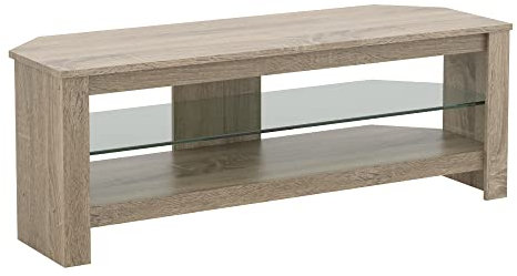 mahara Oak Corner TV Stand - Rustic Sawn Oak Effect TV unit for up to 55 with glass shelf - Max Weight 40Kg-TV Floorstand L115cm x D39.5cm x H41.4cm