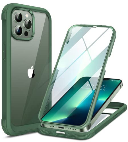 Miracase GLASS Case Compatible with iPhone 13 Pro Max Case 6.7 inch, [Glass Screen Protector] Full Body Rubber Bumper Case Cover (Alpine Green)